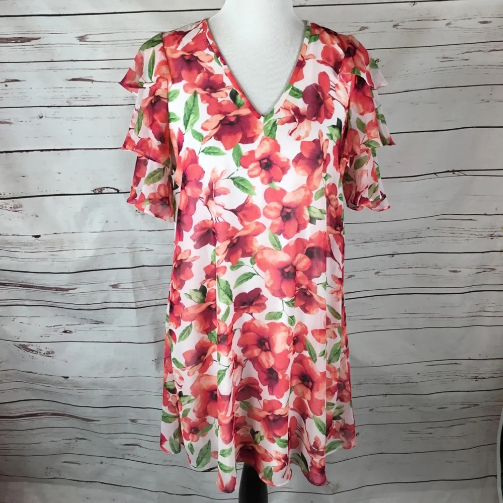 Calvin Klein Floral Shift Dress W/Ruffle Sleeves‎